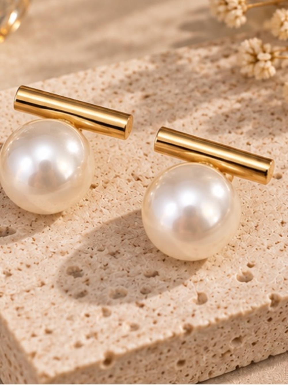 Gold Bar Pearl Stud Earrings Minimalist Modern Statement Jewelry